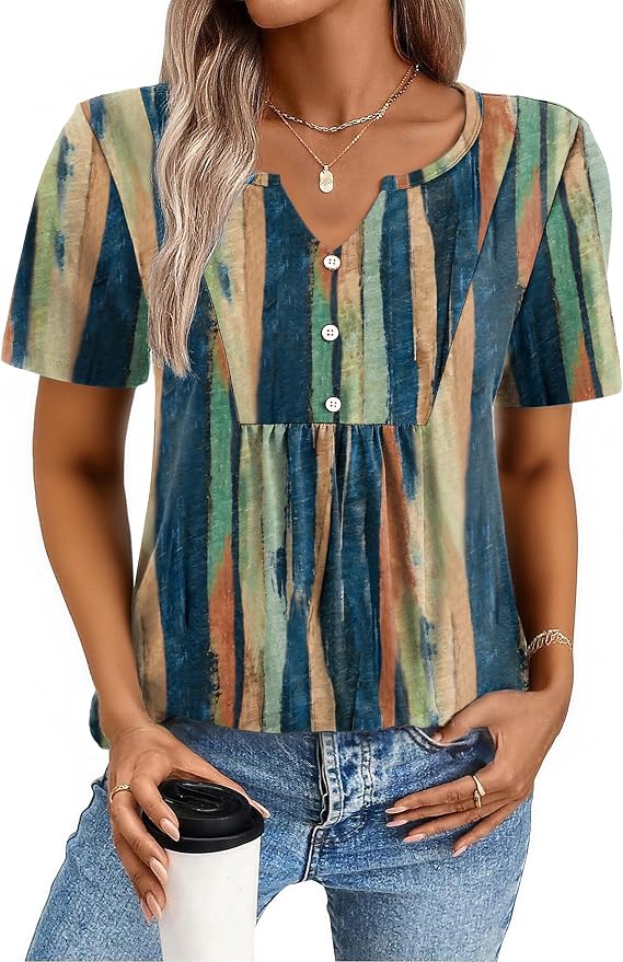 Zeagoo Womens Short Sleeve Tops Summer Henley V-Neck Tshirts Casual Pleated Blouse Dressy Loose Floral Basic Tee
