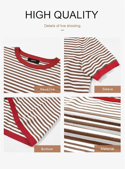 Dokotoo Womens Tops 2026 Casual Summer Crewneck Short Sleeve Striped Color Block Knit High Low Trendy Pullover Sweaters