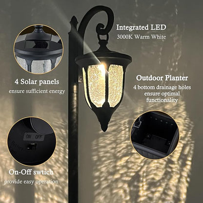 Solar Lamp Post Light with Planter, Outdoor Solar Lights with Crackle Glass, Matte Black Outdoor Flower Pots, 2 in 1 Solar Post Lights Waterproof for Porch Garden Patio