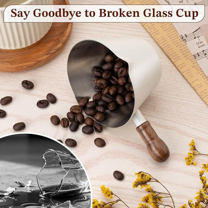Amrules Espresso Cup, 6.8 oz/200 ml Stainless Steel Coffee Shot Measuring Cup with Wood Handle, Double V-Shaped Mouth and Clear Scale for Cappuccino Barista Coffee Bar Accessories, White