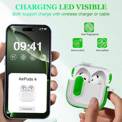 for AirPods 4th Generation Case 2024 with Bright Plated Bezel and Switches, Military-Grade Shockproof Transparent Anti-Yellowing for AirPods 4 Cover, Green