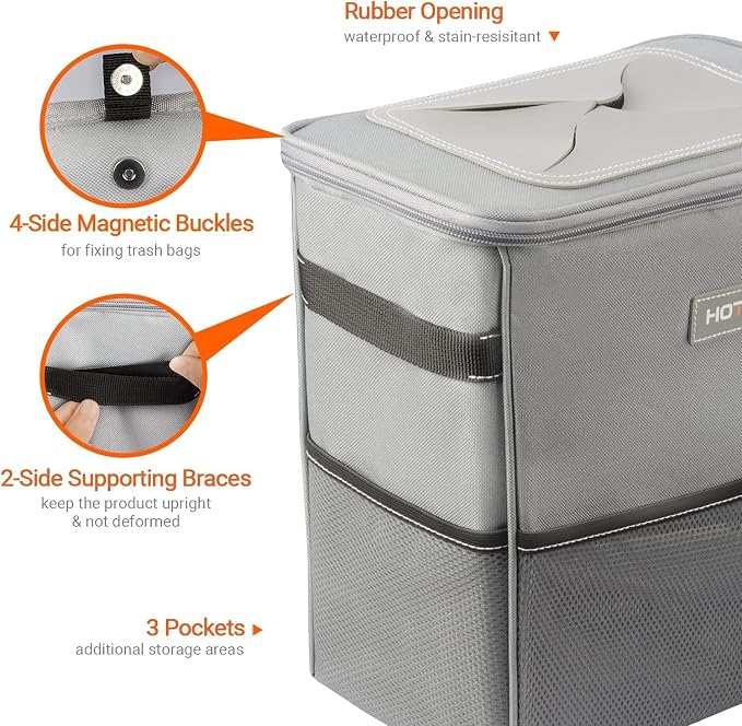 HOTOR 3 Gallons Car Trash Can, Ultra Large Capacity Organizer and Storage with Adjustable Straps & Magnetic Snaps, Waterproof Car Accessory for Interior Car Stuff Storage, Gray