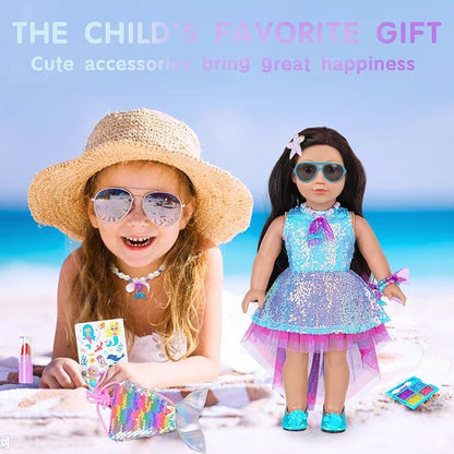American 18 Inch Doll Makeup Accessories and Mermaid Clothes Set,Included 2 Pieces Clothes,Mermaid Messenger Bag,Starfish Hairpin,Lipstick,Necklace,Bracelet,Eye Shadow and Sticker(NO Doll and Shoes)