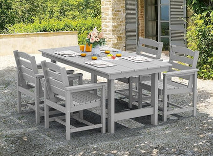 SERWALL Outdoor HDPE Dining Table Set, 7-Piece Outdoor Dining Table Sets with Umbrella Hole Cut-Out Table and 6 Chairs, Light Gray