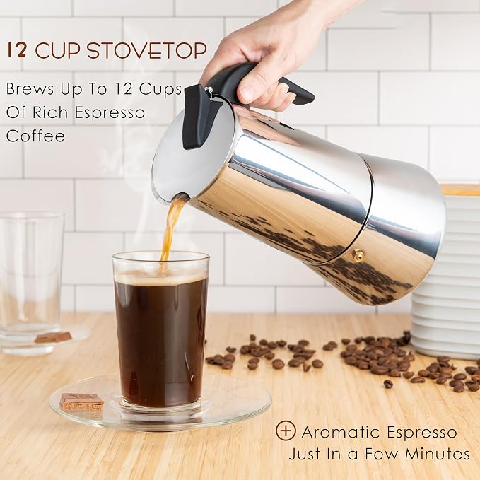Mixpresso 12 Cup Greca Moka Pot, Stainless Steel Stovetop Espresso Maker | 600ml/20oz Italian stovetop coffee maker with classic percolator design, ideal for preparing coffee at home or while camping