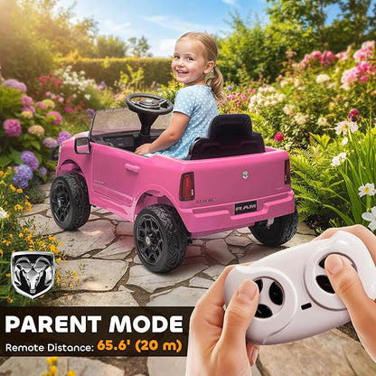 Qaba 12V Kids Ride on Car, Licensed Dodge RAM 3500 Electric Car for Kids with Dual Motors, Parent Remote Control, Rear Suspension, Power Display, Bluetooth Music and LED Lights, Pink