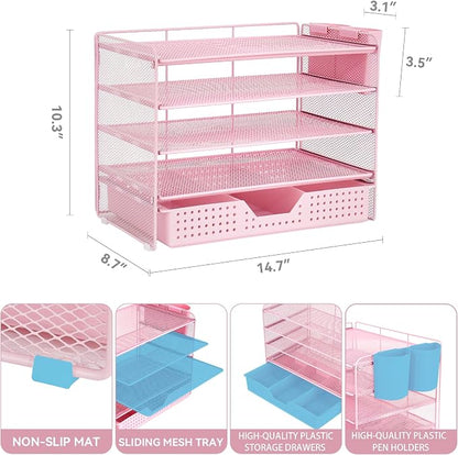 LEKETREE Desk Organizers and Accessories, 5-Tier Paper Letter Tray Organizer with Drawer & 2 Pen Holders, Desktop Organizer for Office Supplies (Pink)