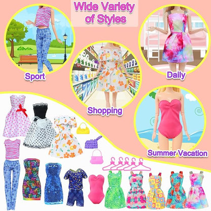 Doll Clothes 21Pcs Including 3 Fashion Dresses 5 Daily Slip Dresses 2 Casual Tops and Pants Outfits 2 Sequins Dress 1 Swimsuit 3 Bags 5 Hangers Accessories for 11.5 inch Girl Doll