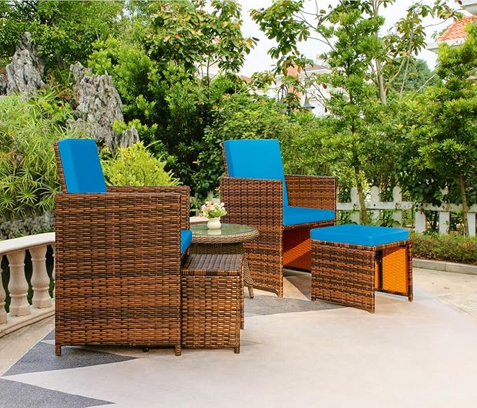 Devoko 4 Pieces Patio Wicker Furniture Set Outdoor Patio Chairs with Ottomans All Weather Cushioned Chairs Balcony Porch Furniture (Blue)