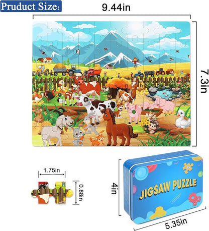 LELEMON Puzzles for Kids Ages 4-8 6-8 8-10 Farm Animals Jigsaw Puzzles Boys Girls Children Learning Educational Puzzles Portable Box Pack Toy 60 Pieces