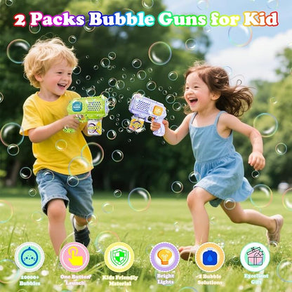 Panamalar 2 Packs Bubble Guns for Kids, Automatic Bubble Machine Gun 10000+ Bubbles/Min, 10 Holes Bubble Maker Toys with Solution/Light for Boys Girls Outdoor Wedding Party, Purple+Green