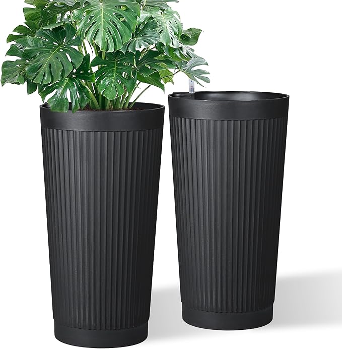 24in Tall Self-Watering Planters Set of 2 - Black Flower Pots with Water Level Monitor, Non-Toxic Plastic Planters for Indoor Outdoor Patio, Porch, Living Room, Home Office