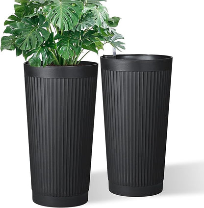 24in Tall Self-Watering Planters Set of 2 - Black Flower Pots with Water Level Monitor, Non-Toxic Plastic Planters for Indoor Outdoor Patio, Porch, Living Room, Home Office