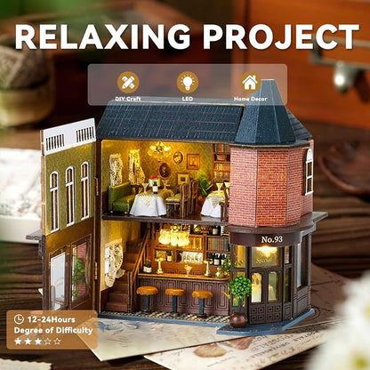 Flever Dollhouse Miniature DIY House Kit Creative Room with Furniture for Romantic Valentine's Gift (Corner Restaurant)