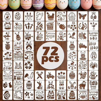 72 PCS 3x3 Inch Easter Stencils for Painting - Reusable Easter Templates Chicks Eggs Bunny Farm Spring Painting Templates on Wood, Glass, Fabric, Window Door Decor DIY Decoration