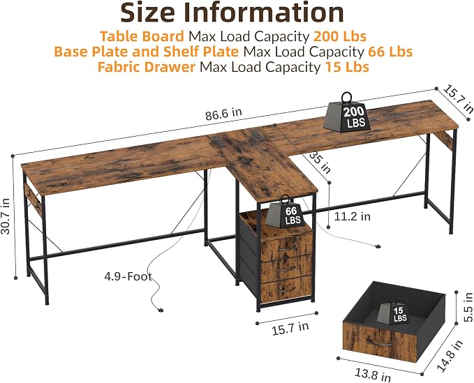 YOSHOOT 2 Person Computer Desk, 87" Long Gaming Desk for 2 People | Double Desk with 3 Fabric Drawers and 2 Power Outlets, Home Office Table for Adults and Teenagers, Rustic Brown