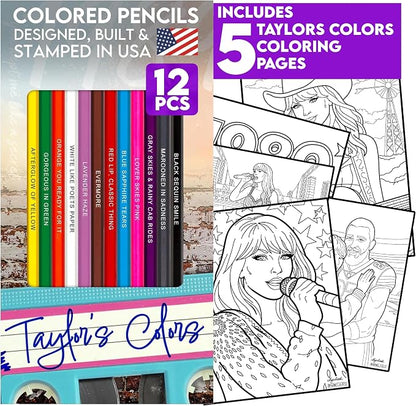 Swiftly Colored Pencils - 12 Foil-Stamped Lyric-Themed Colored Pencils + 5 Coloring Pages, Soft Core Color Pencil Set & Creative Gift for Music Lovers, Pop Culture Fans & Coloring Books