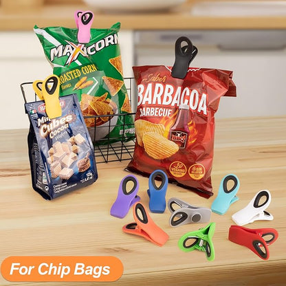 JETMORE 30 Pack Chip Clips Magnetic, Multicolor Food Clips for Bags, Office | Bulk color assortment supports home, office and events, bag clips close snacks, while magnetic chip clips keep notes visible
