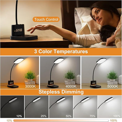10W Wireless Charging LED Desk Lamp with Clock, Light Black | CRI 95, 800LM, Stepless Dimming, 3 Modes, 360°Flexible Arm, Touch, Study Table Lamp for Home Office, Dorm Room, with Adapter