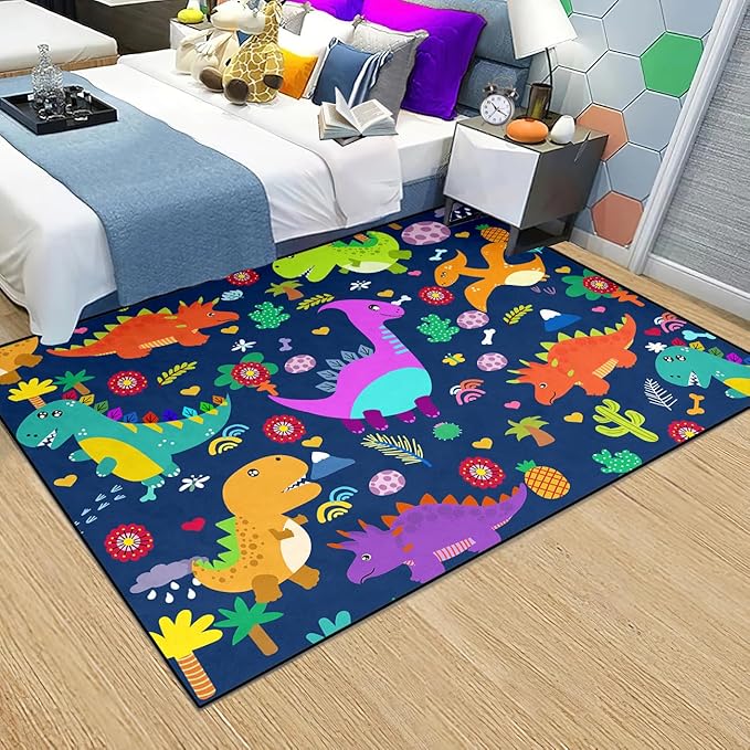 Dinosaur Rugs for Boys Bedroom Dinosaur Play Rug Kids Room Rug Dinosaur Area Rug Cartoon Dinosaur Carpet Cute Dinosaur Mat Dinosaur Rug for Living Room Bedroom Playroom, Blue 4'5''×6'