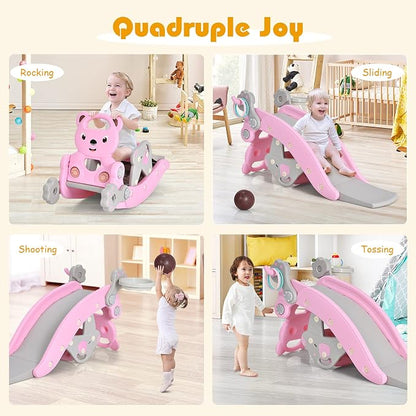 Costzon 5 in 1 Toddler Slide Rocking Toy, Slide for Kids with Detachable Stool, Basketball Hoop and Ring Game, Foldable Climber Playground Slide for Both Indoors Outdoor Use (Pink Bear)