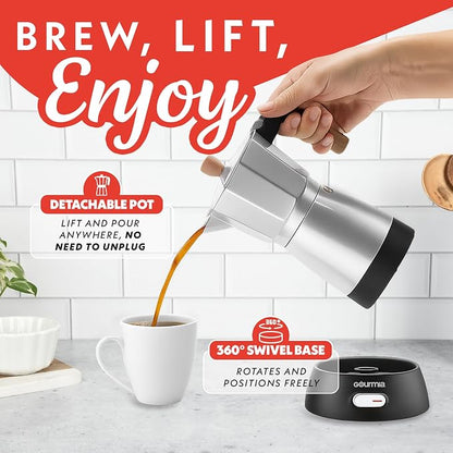 Gourmia Electric Moka Pot Espresso Maker – 6 Shot Italian-Style Coffee Brewer, 550W Detachable 360° Cordless Base, Food-Grade Aluminum, Beechwood Handle