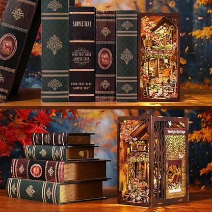 Book Nook Kit, DIY Miniature House Dollhouse Kit 3D Puzzle for Adults | Booknook Bookend Bookshelf Decor Tiny House Model Build with Puppy Diorama, Gifts for Family and Friends