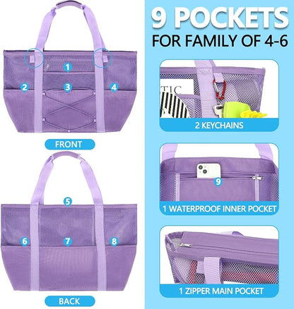 Fammart Mesh Beach Bag for Women, Large Beach Toy Pool Bag with Zipper Pocket, SandProof Cruise Essentials 2026 Family Travel
