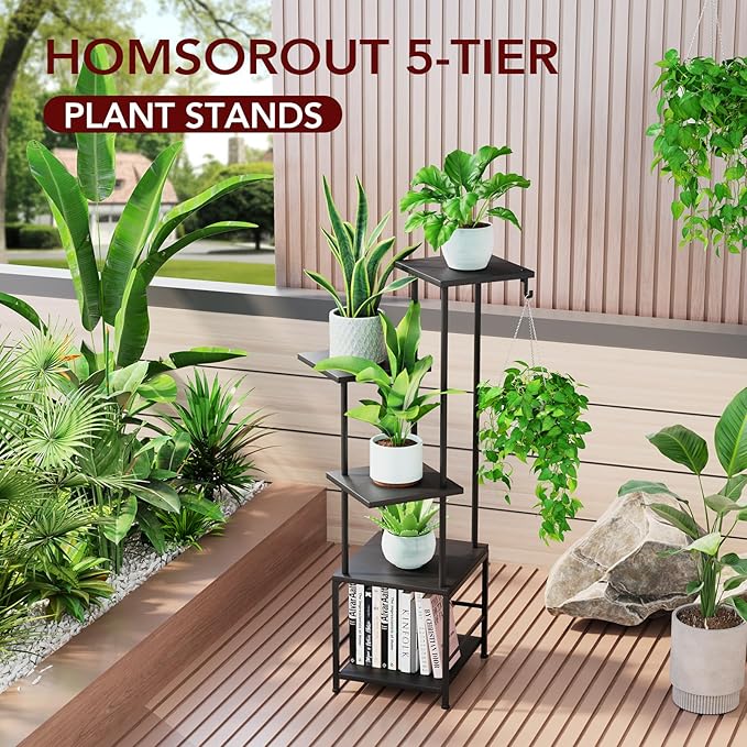 Plant Stand Indoor with Grow Light, 5-Tiered Tall Plant Stand Indoor, Metal Plant Shelf with Hanging Basket Hook and Adjustable Light, Ideal for Living Room, Garden, Patio (Black )