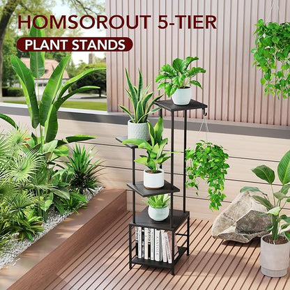 Plant Stand Indoor with Grow Light, 5-Tiered Tall Plant Stand Indoor, Metal Plant Shelf with Hanging Basket Hook and Adjustable Light, Ideal for Living Room, Garden, Patio (Black )
