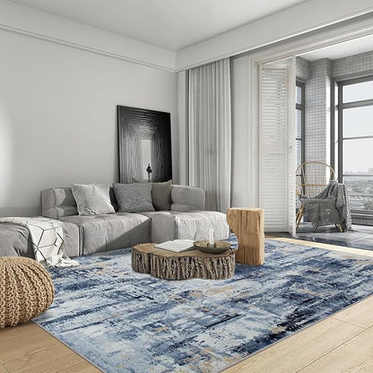 8x10 Area Rugs Washable Rug: Large Modern Abstract Living Room Rug Soft Anti-Skid Thin Carpet Indoor Floor Non-Shedding Carpets for Bedroom Dining Room Farmhouse Nursery Home Office Blue Gold