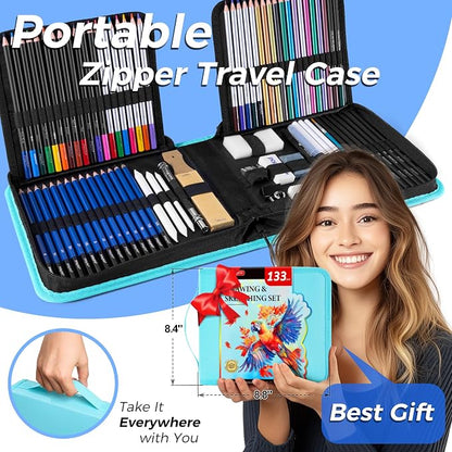 133 Pack Art Supplies Sketching Kit with Sketch Book, Coloring Book, Watercolor Pad, Black Paper Pad, Tutorial, Graphite Colored Charcoal Watercolor & Metallic Pencils for Artists Beginners Adults