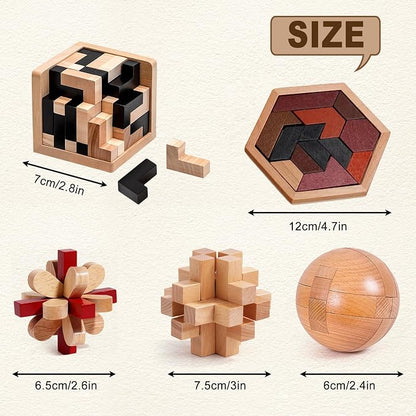 5PCS Wooden Puzzles for Adults & Kids – Cube & Shape Brain Teasers, Logic & Educational Games, Family Fun
