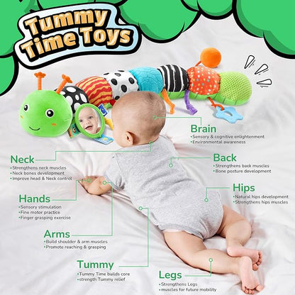 LIGHTDESIRE Baby Toys Musical Caterpillar,Infant Toys 3 6 12 Months Sensory Toy with Ruler Design,Mirror,Pull String,Crinkle&Ring Bell,Baby Teething Toy for Tummy Time Boy Girl Gifts (Lime Green)