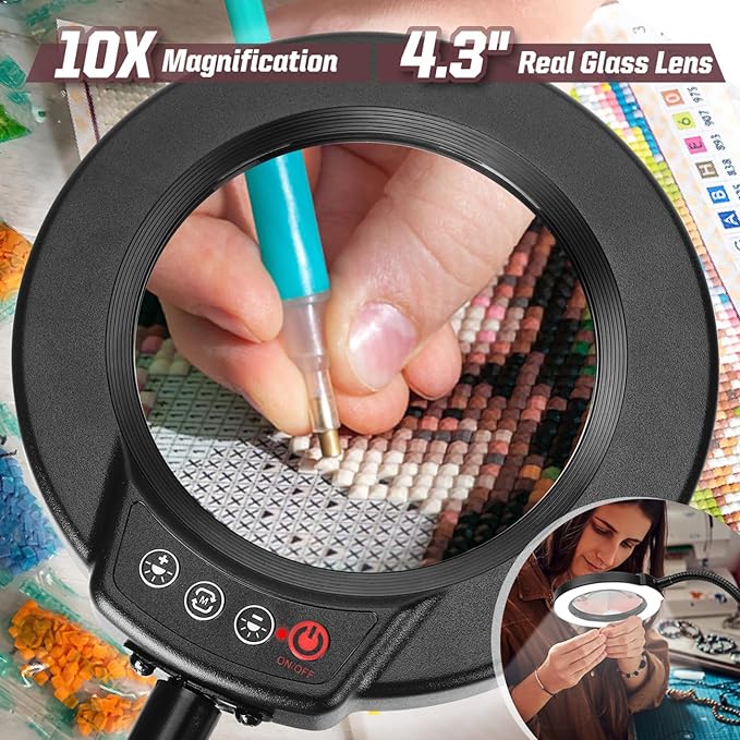 10X Magnifying Glass with Light and Stand, 5 Color Modes Stepless Dimmable LED Lighted Desk Lamp, Hands Free Magnifier with Flexible Goose-Neck for Craft Hobby Painting Sewing Close Work