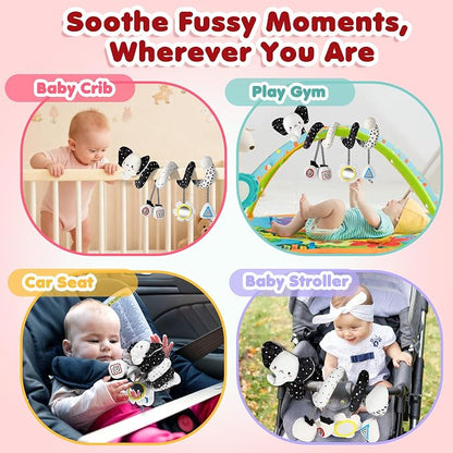 URMYWO Spiral Car Seat Toys for Babies 0-6 Months, Black and White Baby Toys, High Contrast Baby Toys for Newborn, Hanging Toy Fits Stroller, Shower Gift for Boys Girls