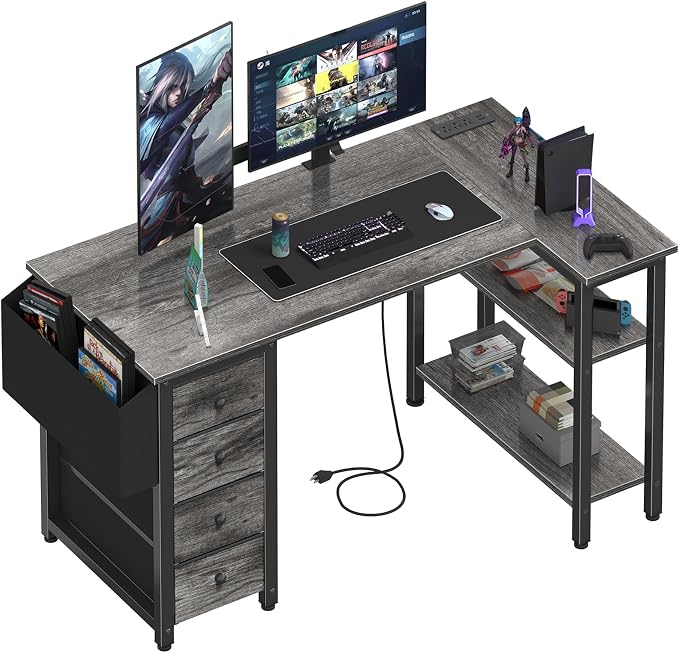 Lufeiya L Shaped Computer Desk with Drawers & Storage Shelves, 47 Inch Small Corner Desk with Power Outlet for Home Office Bedroom, L-Shaped Gaming PC Desks with Fabric Drawer, Gray
