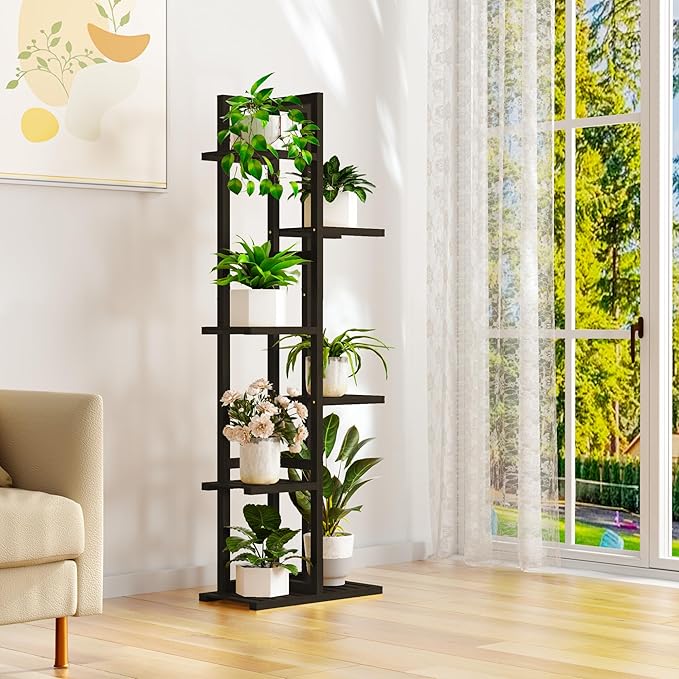 6 Tier Bamboo Plant Stand Indoor, Wood Tall Flower Holder Corner Tiered Plant Shelf for Multiple Plants (Brown)