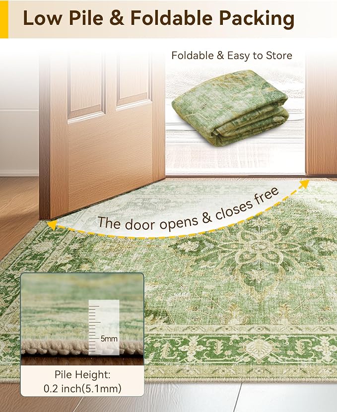 RELEANY Area Rugs 7'x9' Washable Non-Slip, Floral Vintage Distress Medallion Carpet for Living Room Bedroom Dining Room, Sage Green Yellow
