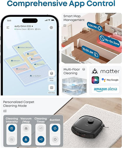 eufy E25 Robot Vacuum and Mop Combo, 20,000 Pa, HydroJet Roller Mop | Extendable Side Brush, Zero-Tangle Design, All-in-One Station, AI Obstacle Avoidance, Edge-to-Corner Cleaning