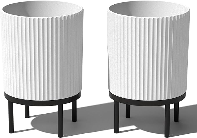 Veradek Demi Series Round Planter w/Stand for Porch/Patio | Durable Plastic-Stone Composite & Wooden Stand | Modern Décor for Tall Plants, Flowers
