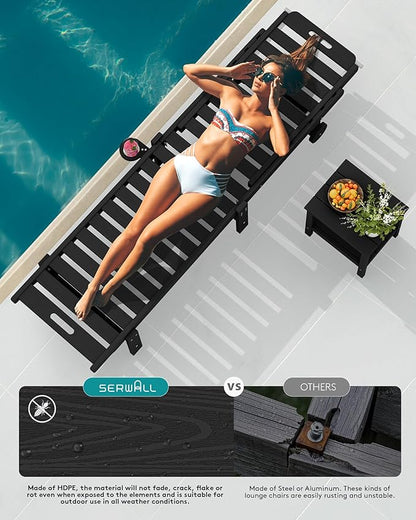 SERWALL Patio Chaise Lounge Chair, HDPE Outdoor Lounge Chair with Cup Holder, 5 Positions Adjustable Poly Lounger with Rolling Wheels for Poolside, Deck, Sunbathing, Black