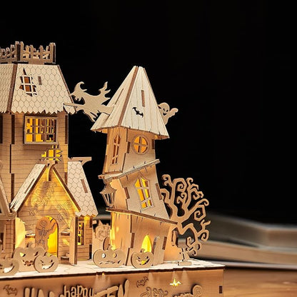 3D Wooden Puzzles Halloween House Kits Includes Light Strip, Brainteaser and Puzzle for Halloween/Birthday,Gifts for Adults and Teens to Build Combination