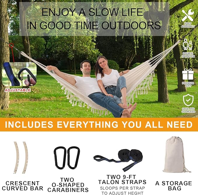 Hammock Hanging Swing Double Max 500lbs Macrame for Indoor Outdoor Patio Yard Garden (Beige)