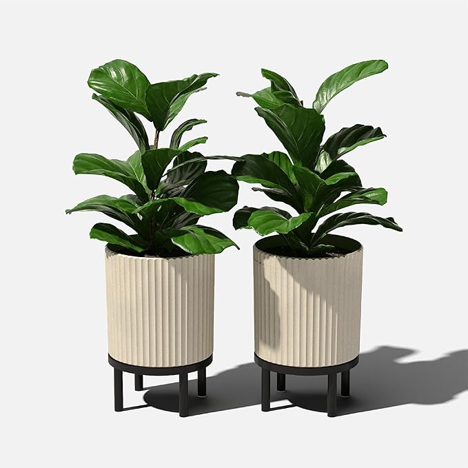 Veradek Demi Series Round Planter w/Stand for Porch/Patio | Durable Plastic-Stone Composite & Wooden Stand | Modern Décor for Tall Plants, Flowers