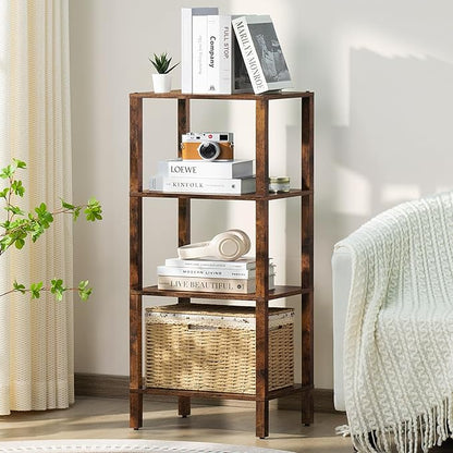 YUFAM 4 Tier Tall Wooden Bookshelf with Storage - Small Bookcase for Small Spaces, Shelf for Living Room, Office, Bedroom, Kitchen - Industrial Retro Brown Book Shelf