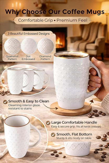 AmorArc Large Coffee Mugs Set of 6, 20oz Tall Coffee Mugs Set | with Texture Patterns for Cappuccino, Latte,Hot Cocoa, Dishwasher & Microwave Safe-Off White