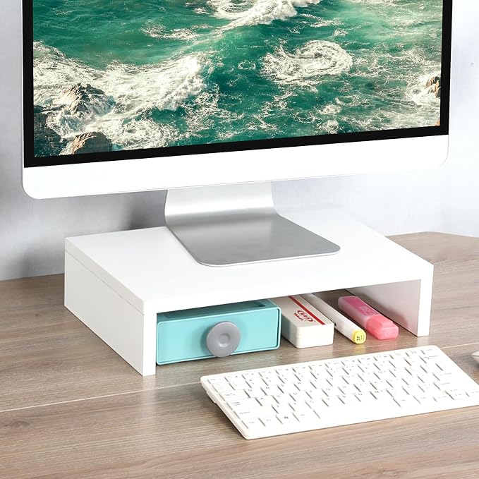 TEAMIX 14.2 inch White Monitor Stand Riser, Wood Monitor Riser with Storage for Desk Small Monitor Stand TV/Screen/PC/Laptop Riser Computer Stand Desktop Shelf (White-14.2 inch)