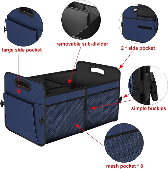 Femuar Car Trunk Organizer,Car Storage Organizer with 72L Large Capacity Waterproof Collapsible and 11 Pockets,Trunk Organizer for Car Suv/Jeep/Sedan, Large Size,Blue