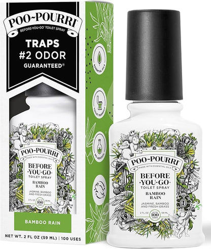 Poo-Pourri Before-You-Go Toilet Spray, Bamboo Rain, 2 Fl Oz, Up to 100 Uses, Bathroom Odor Deodorizer with Essential Oils for Home or Work, Travel Essentials, TSA Approved Size, Bamboo & Fresh Grass